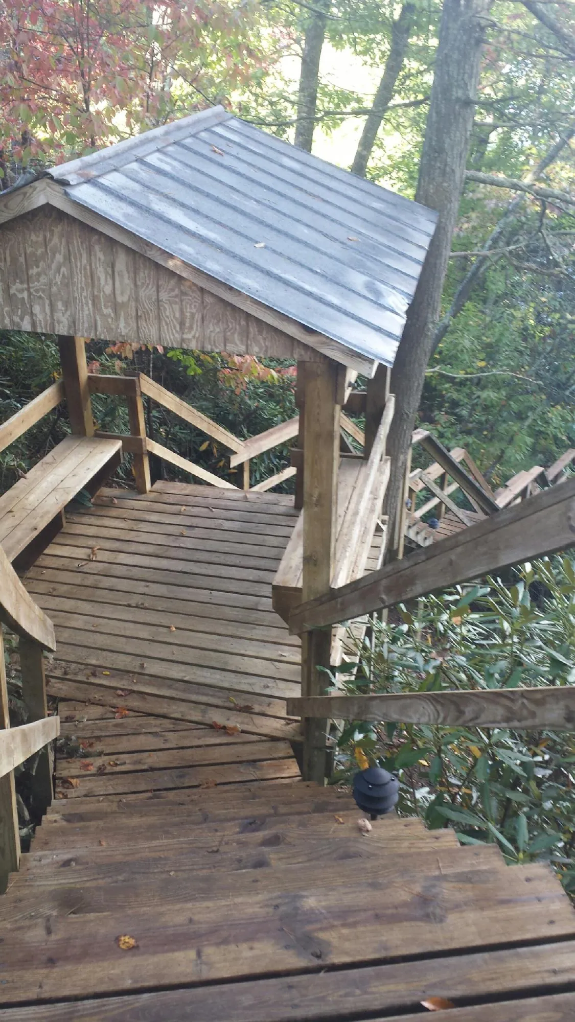 Metal roofed shelter over wooden steps on a wooded walkway — Skylight Repair & Installation work by our crew in Merino